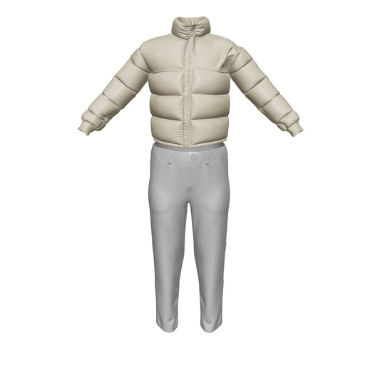 PUFFER AND GRAY PANTS